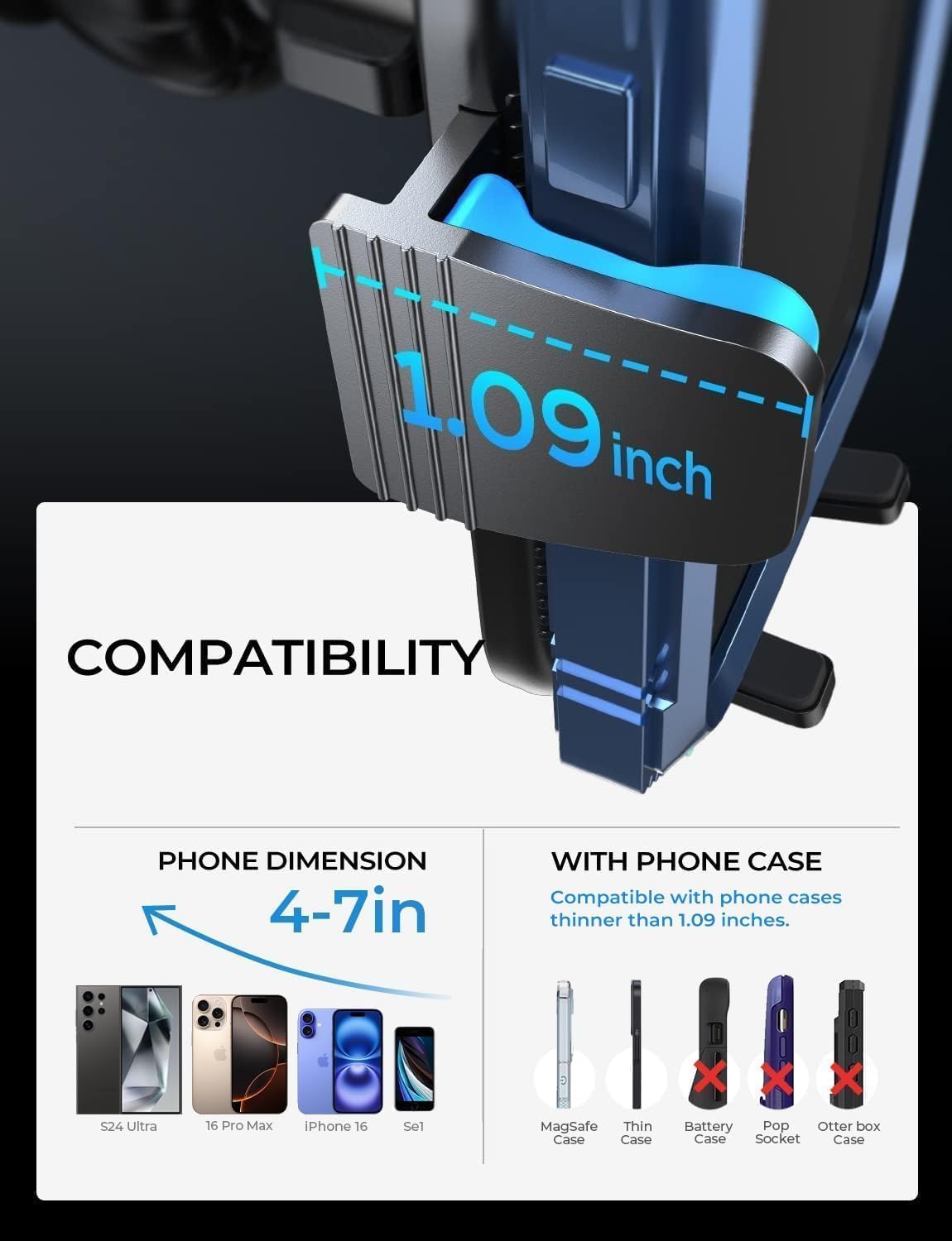 LISEN Dash-Mounted Phone Holder for Car with Thick Cases, Black - Secure NEW