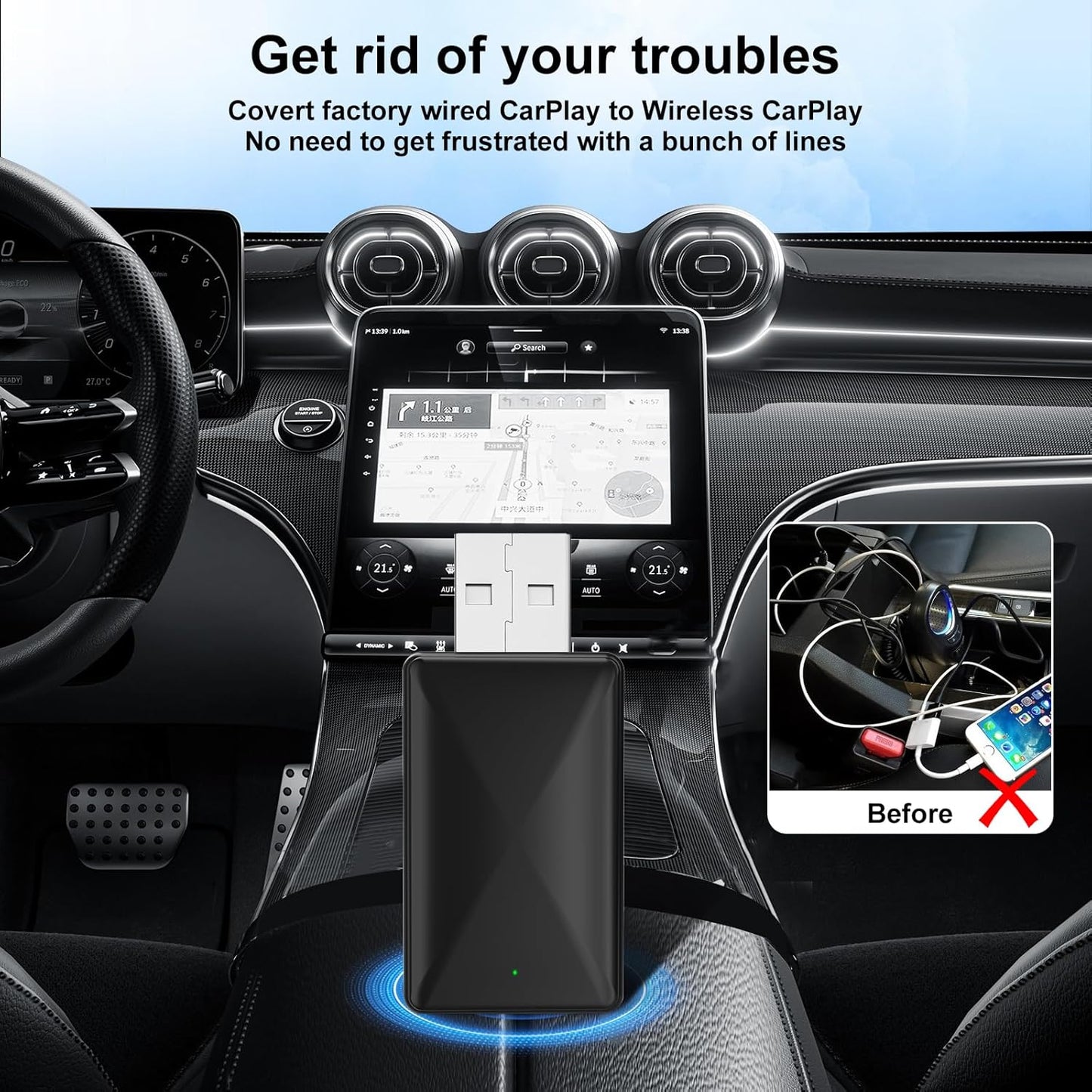 VCARLINKPLAY 2-in-1 Input Adapters Wireless CarPlay Adapter Plug & Play DEMO