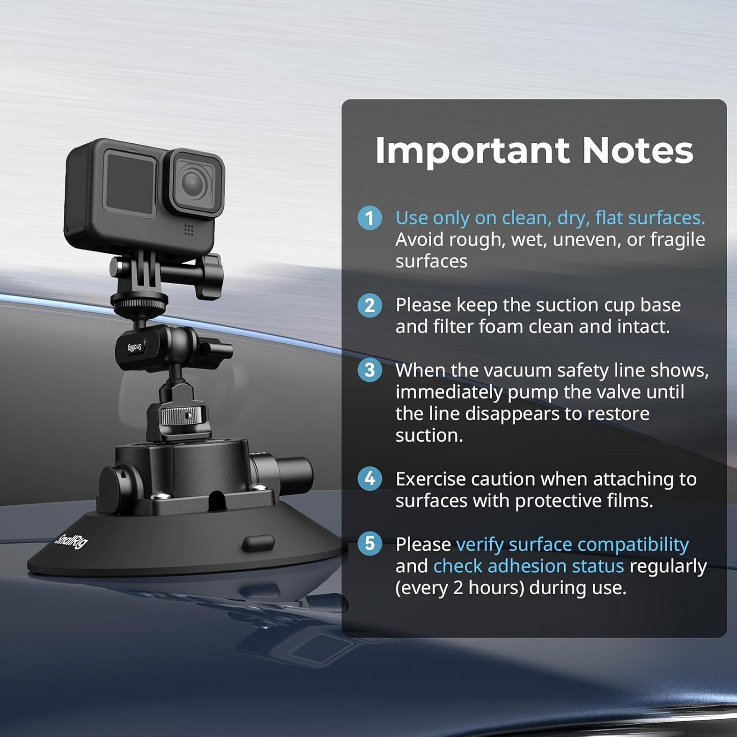 SMALLRIG 6" Suction Cup Mount for GoPro & Action Cameras, Black Finish NEW