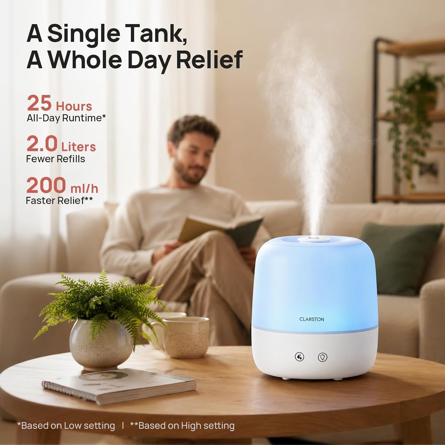 Clarston 2L Single Room Humidifier with Top Fill & 360° Nozzle, White NEW