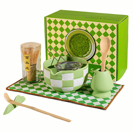 Ceramic Tea Tea Sets Set 8Pcs with Bowl Sifter Whisk Scoop Green White NEW