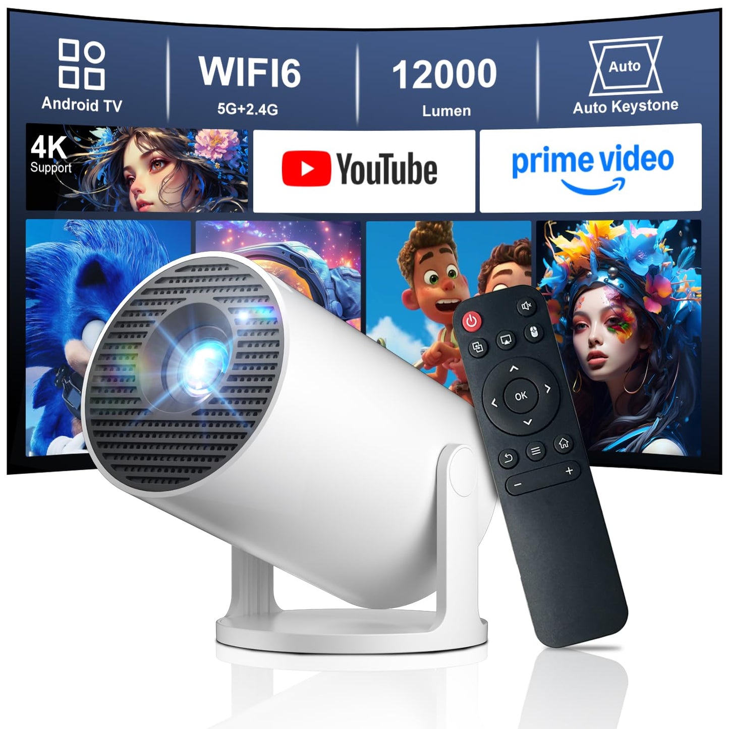 4K Mini Projectors Projector with Android 14, Built-in Apps, and White Finish