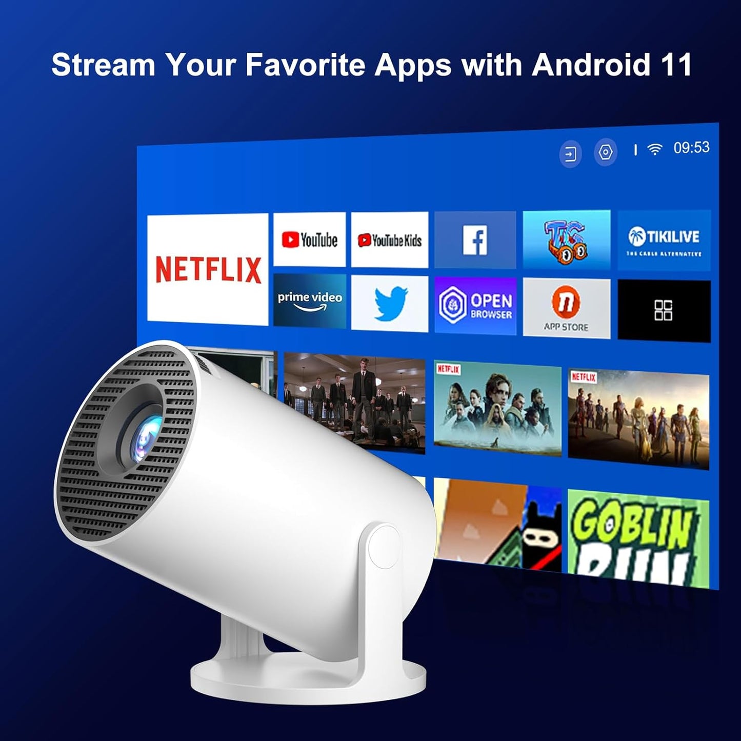 4K Mini Projectors Projector with Android 14, Built-in Apps, and White Finish