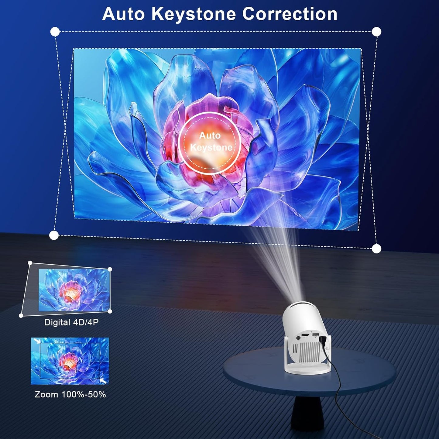 4K Mini Projectors Projector with Android 14, Built-in Apps, and White Finish