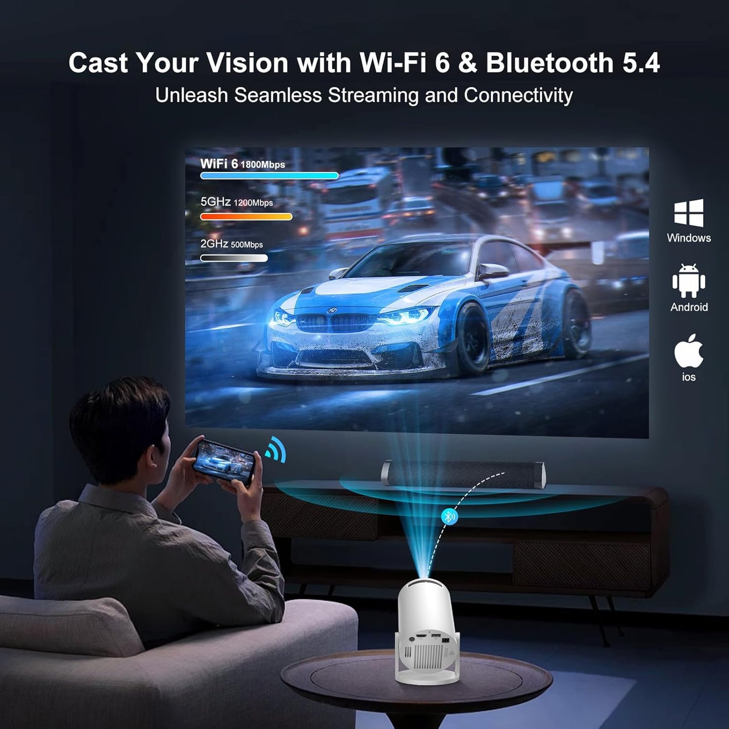 4K Mini Projectors Projector with Android 14, Built-in Apps, and White Finish