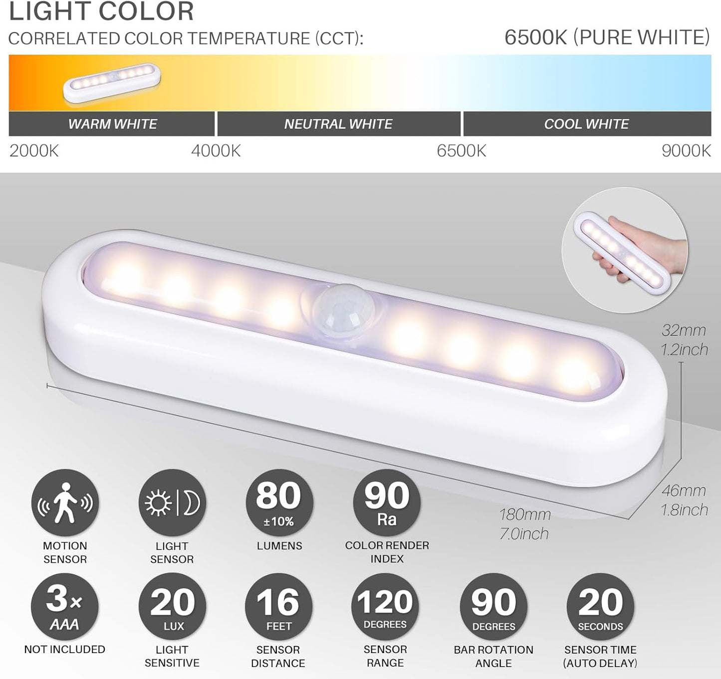 STAR-SPANGLED Cordless Motion Sensor Night Light Warm White LED Stick-On NEW