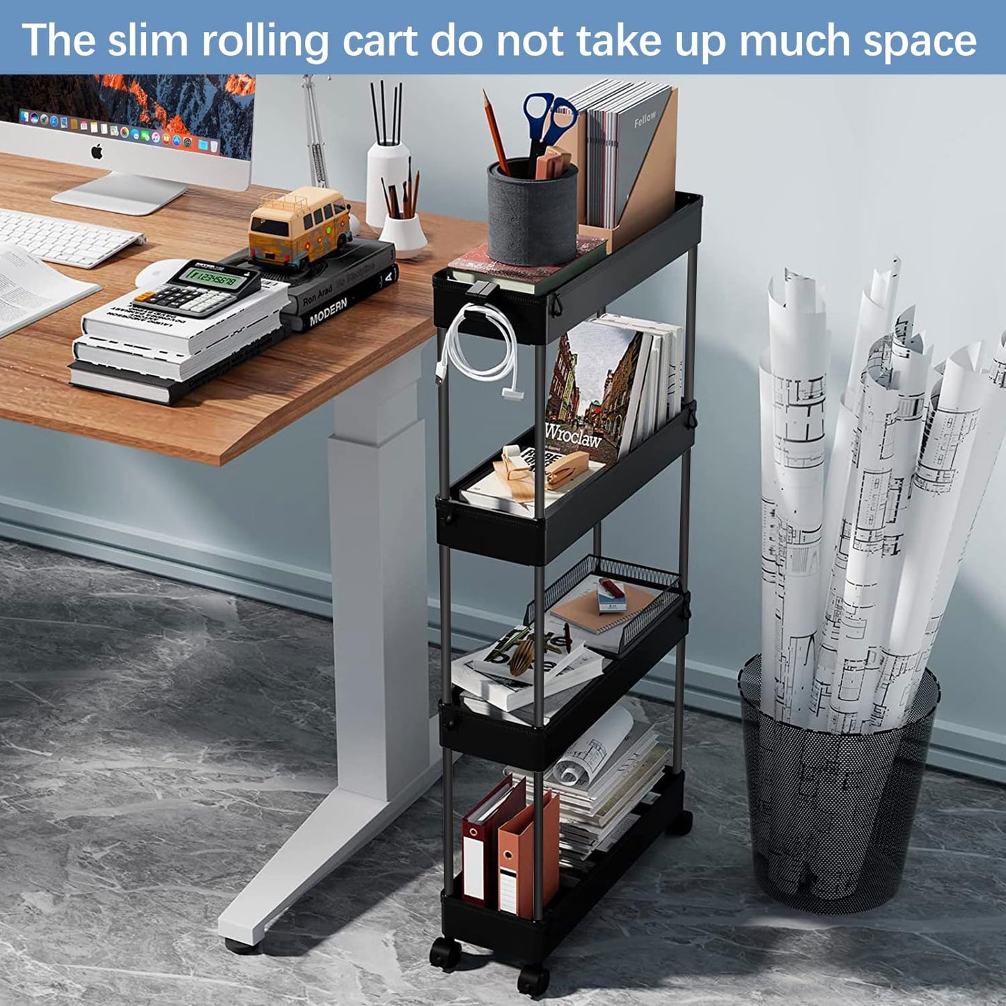 4-Tier Black Rolling Storage Cart with Wheels - Bathroom Organizer Trolley DEMO