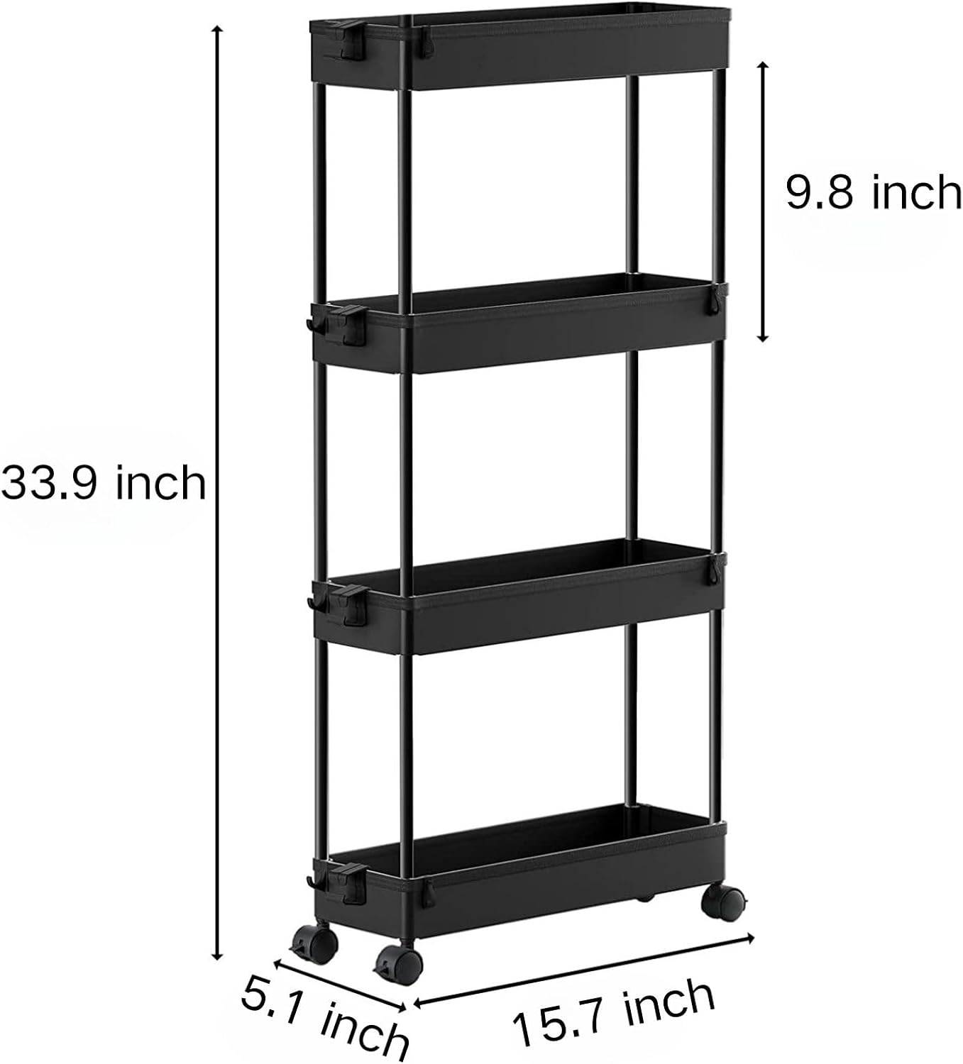 4-Tier Black Rolling Storage Cart with Wheels - Bathroom Organizer Trolley DEMO