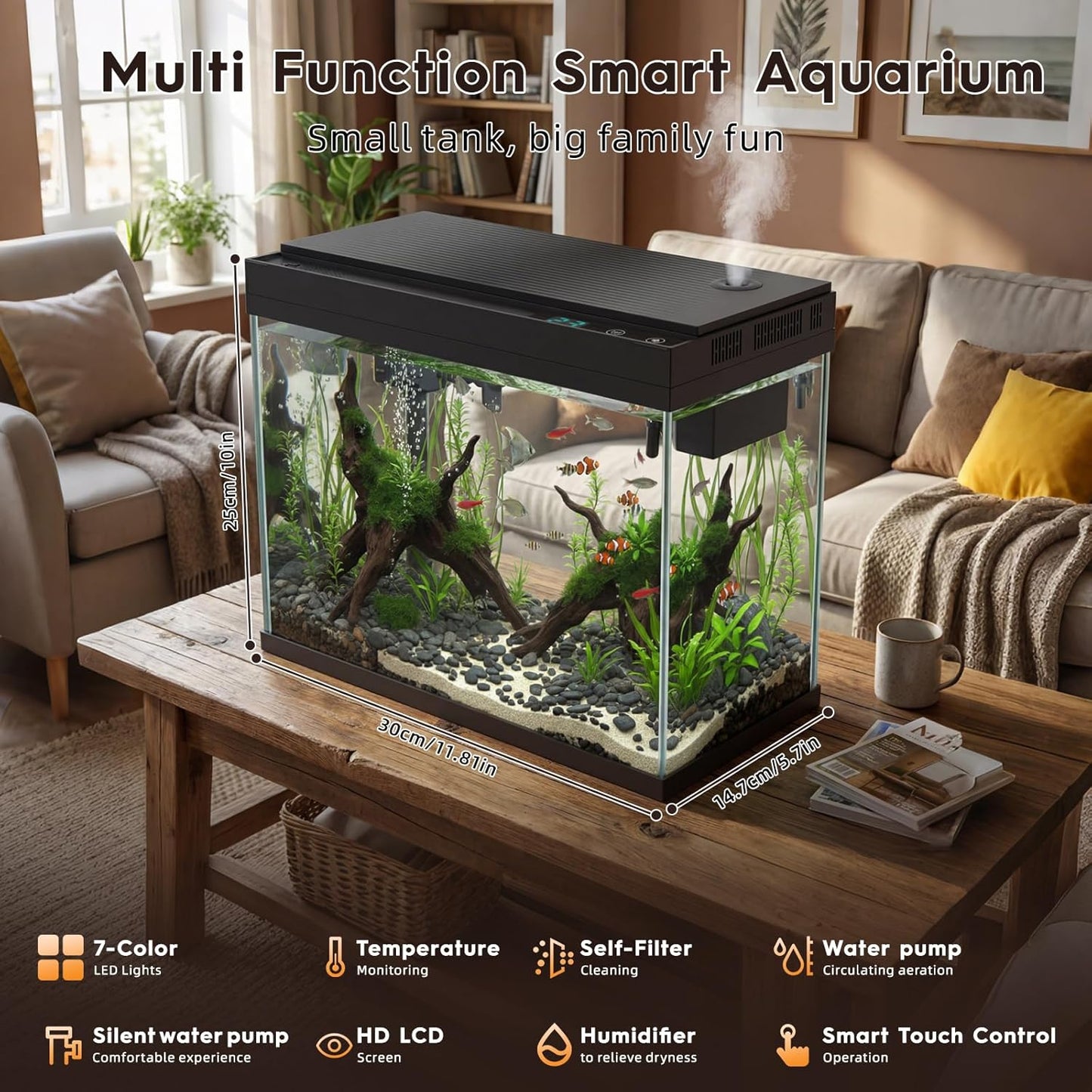 HOOMFIT 2.1 Aquariums Gallon Aquarium Kit with 7-Color LED Lighting, Black DEMO