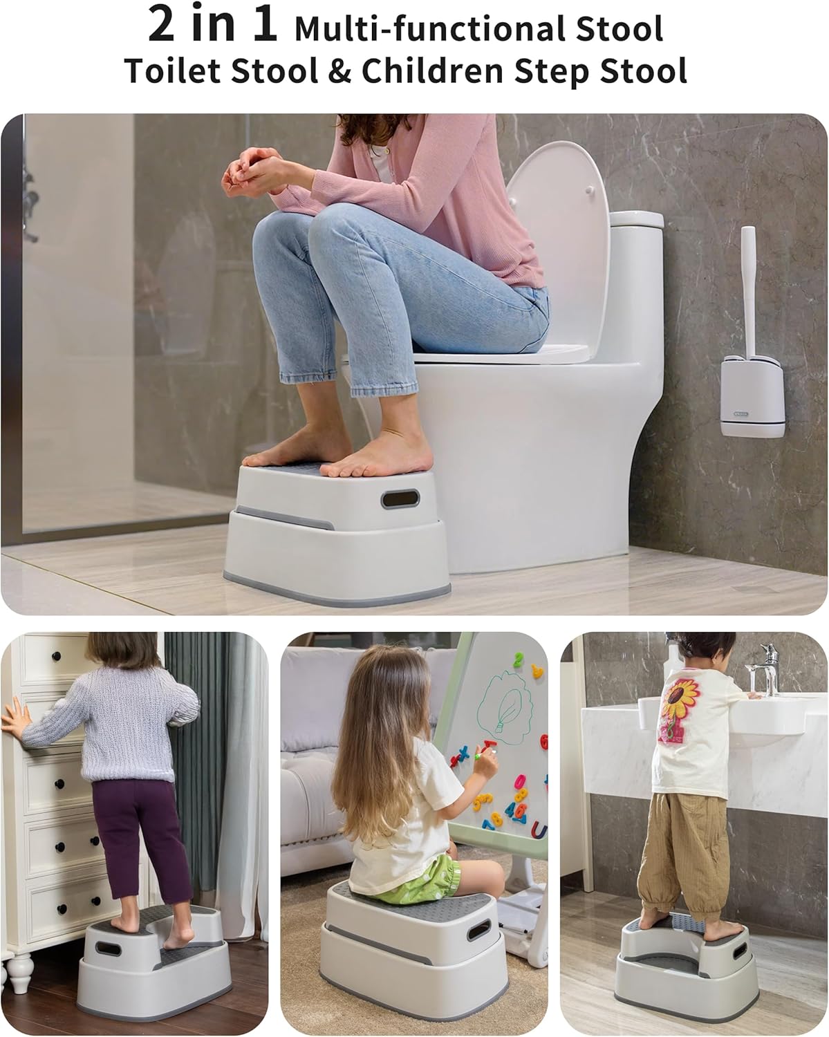 MR.SIGA Off-white & Dark Gray Anti-Slip Bathroom Step Stool Heavy Duty NEW