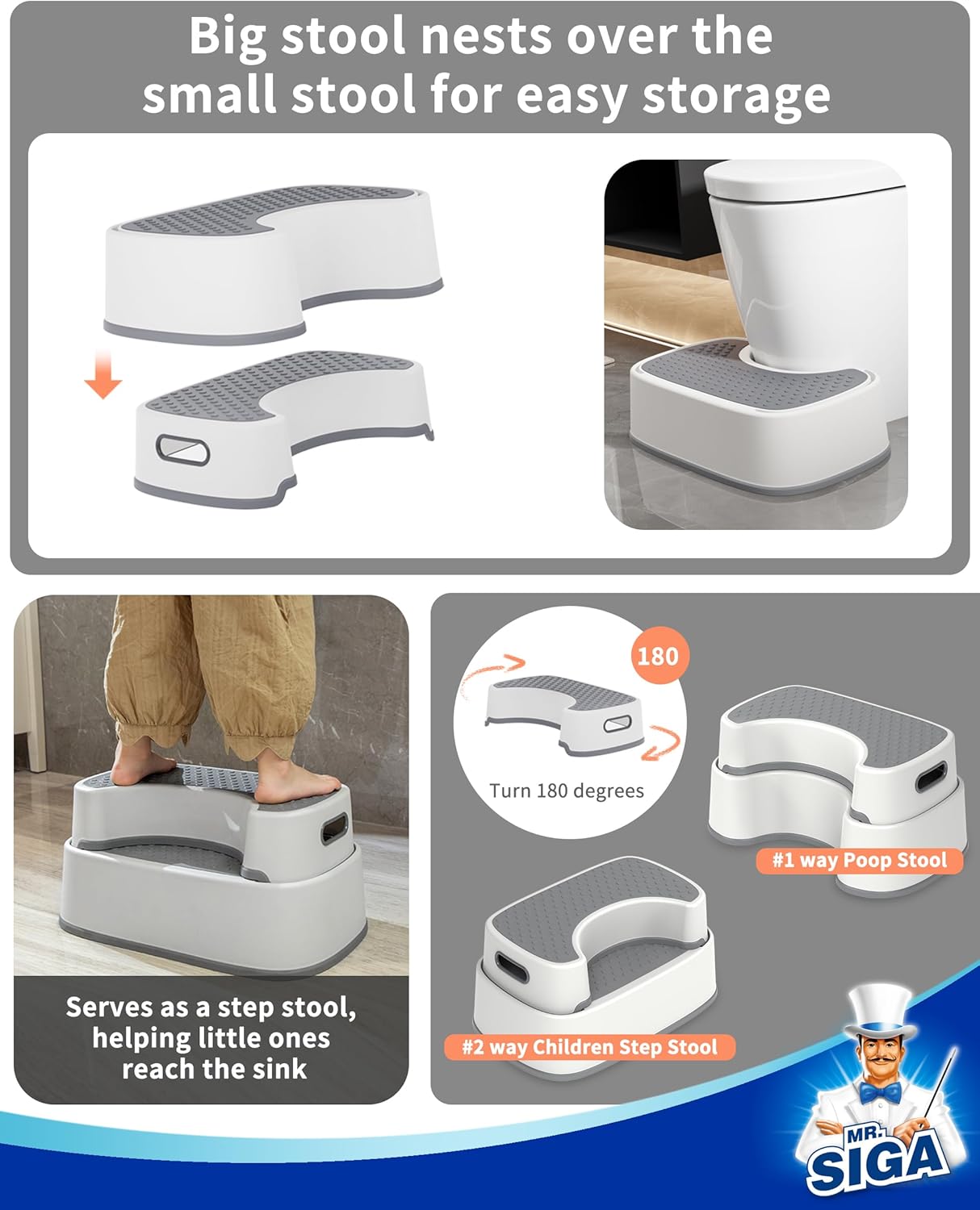 MR.SIGA Off-white & Dark Gray Anti-Slip Bathroom Step Stool Heavy Duty NEW