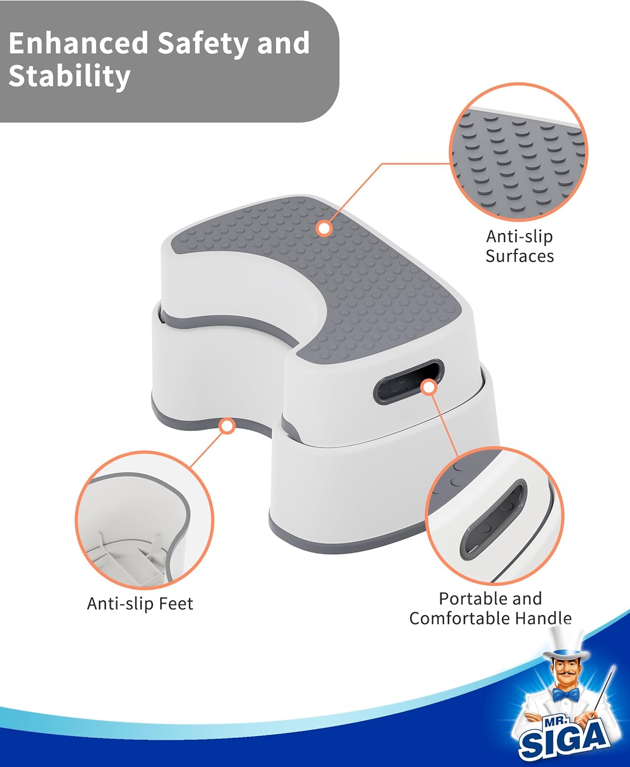 MR.SIGA Off-white & Dark Gray Anti-Slip Bathroom Step Stool Heavy Duty NEW
