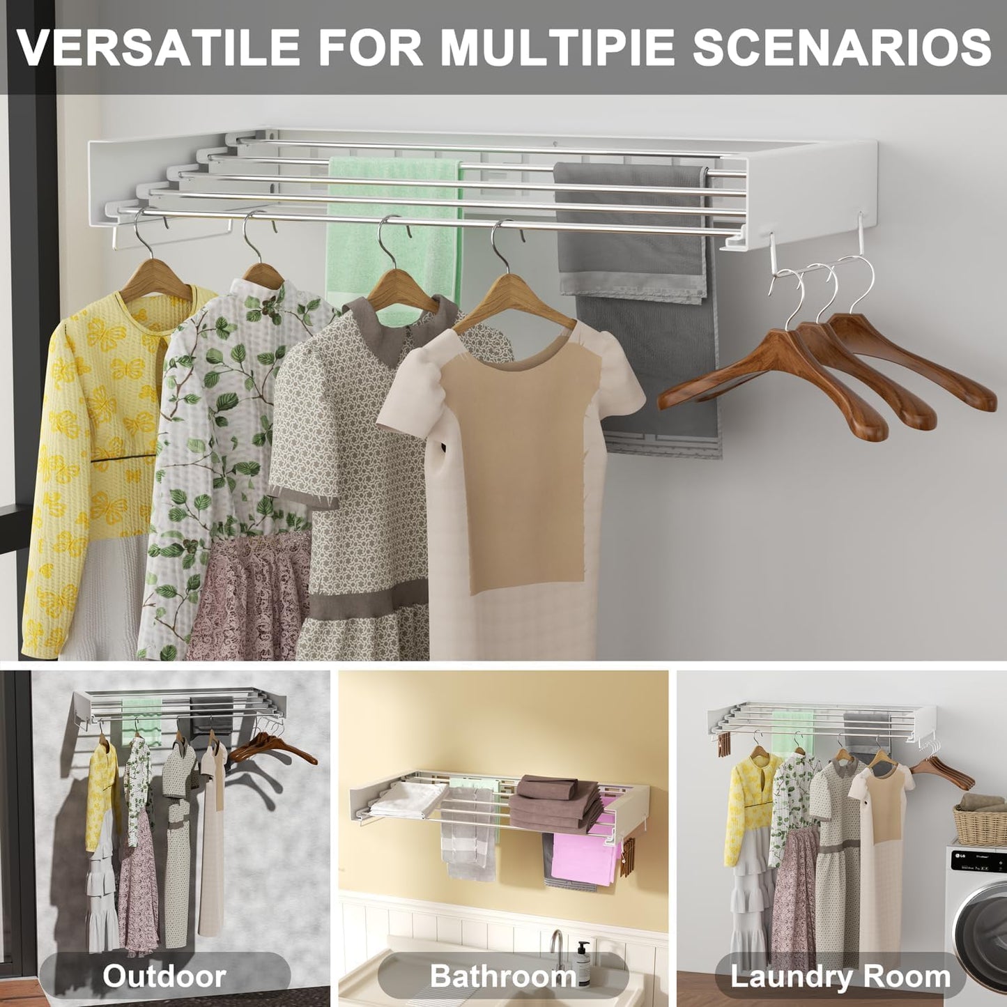 Foldable Wall Mounted Clothes Drying Rack Towel Holder, 100 cm, White, DEMO