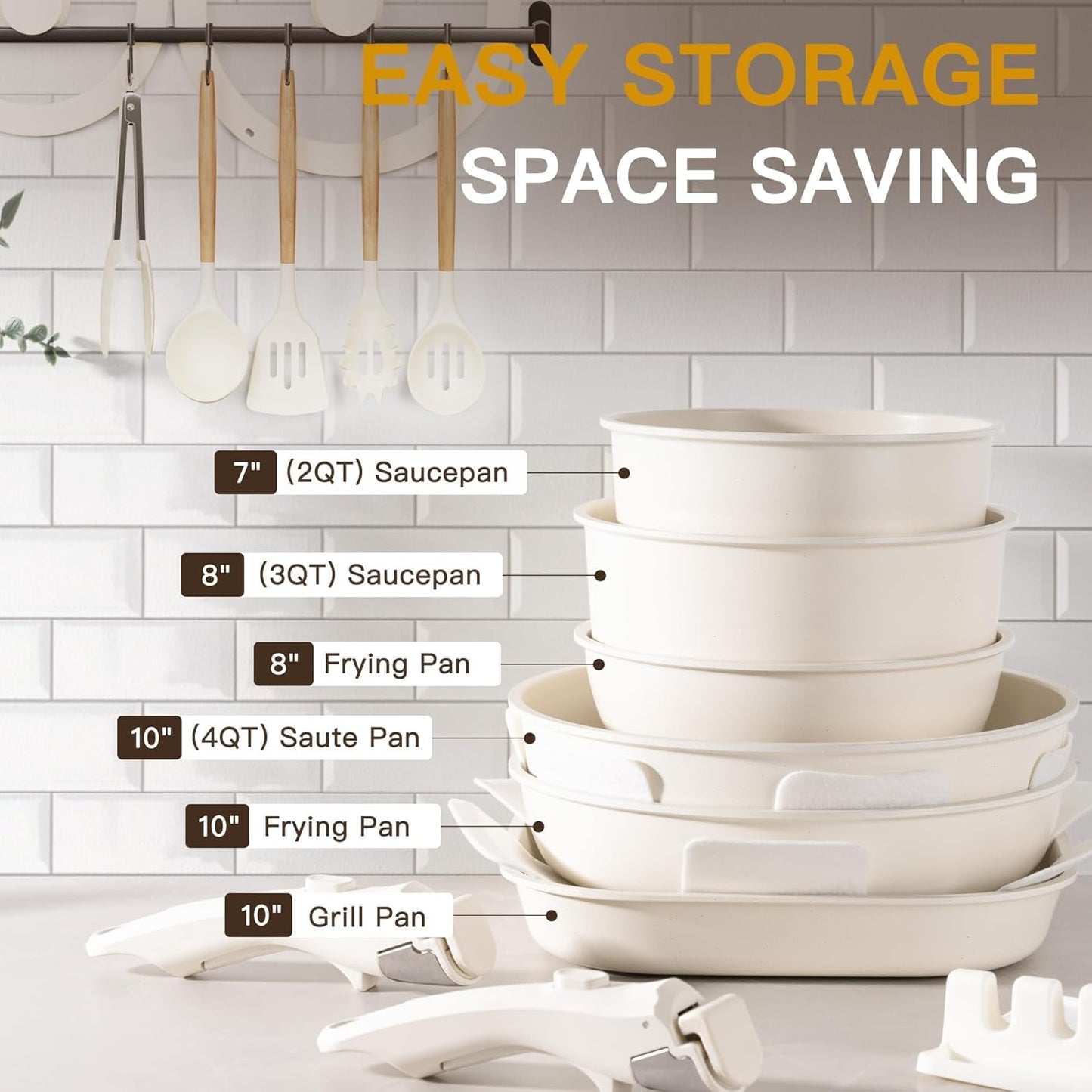 Versatile 23-Piece White Ceramic Non-Stick Cookware Set with Detachable DEMO