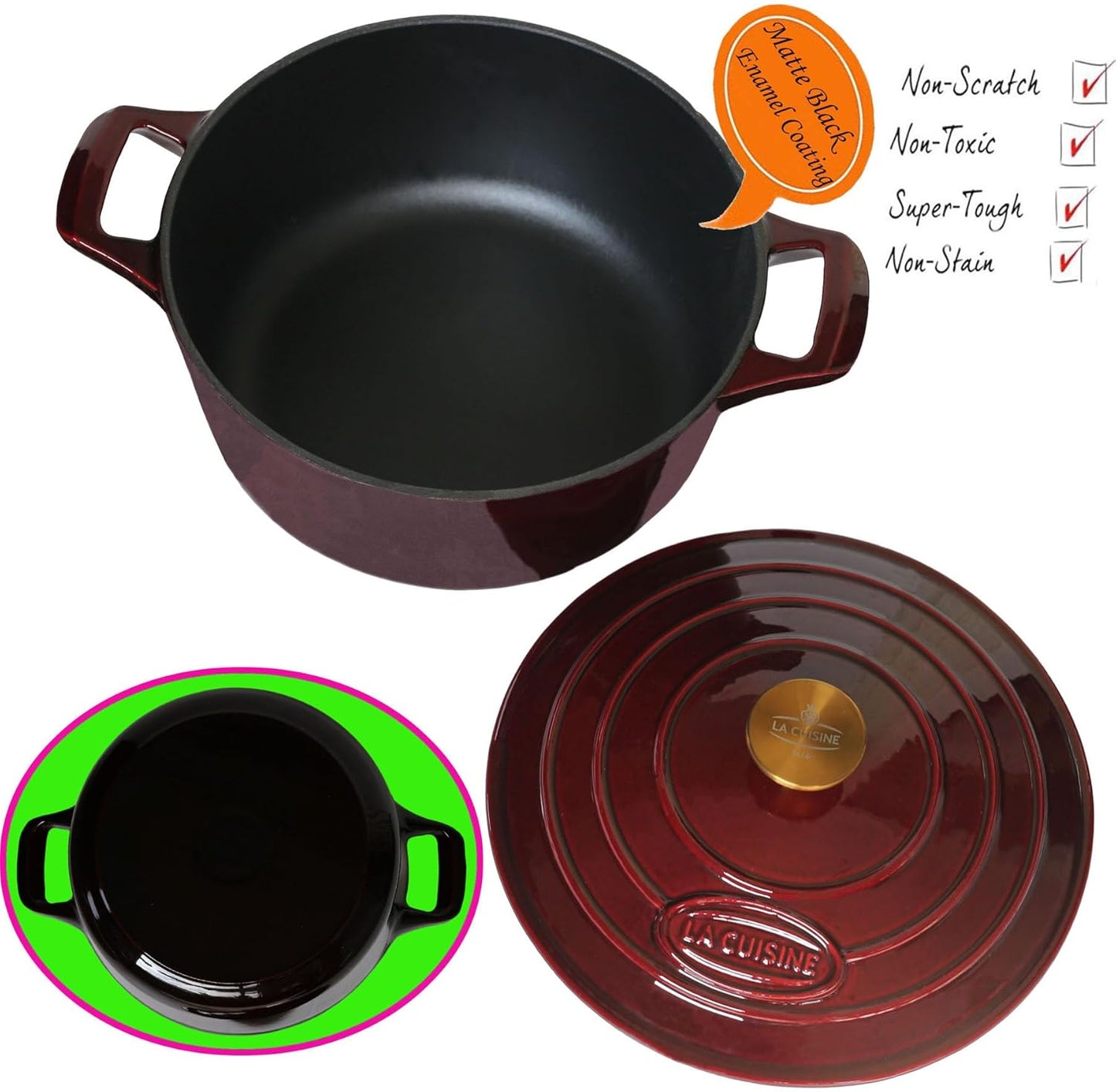La Cuisine Enameled Cast Iron Dutch Oven Casserole Dish Pot with Lid, 2.1 NEW