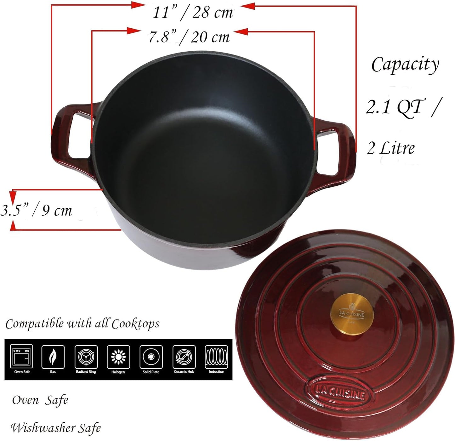 La Cuisine Enameled Cast Iron Dutch Oven Casserole Dish Pot with Lid, 2.1 NEW