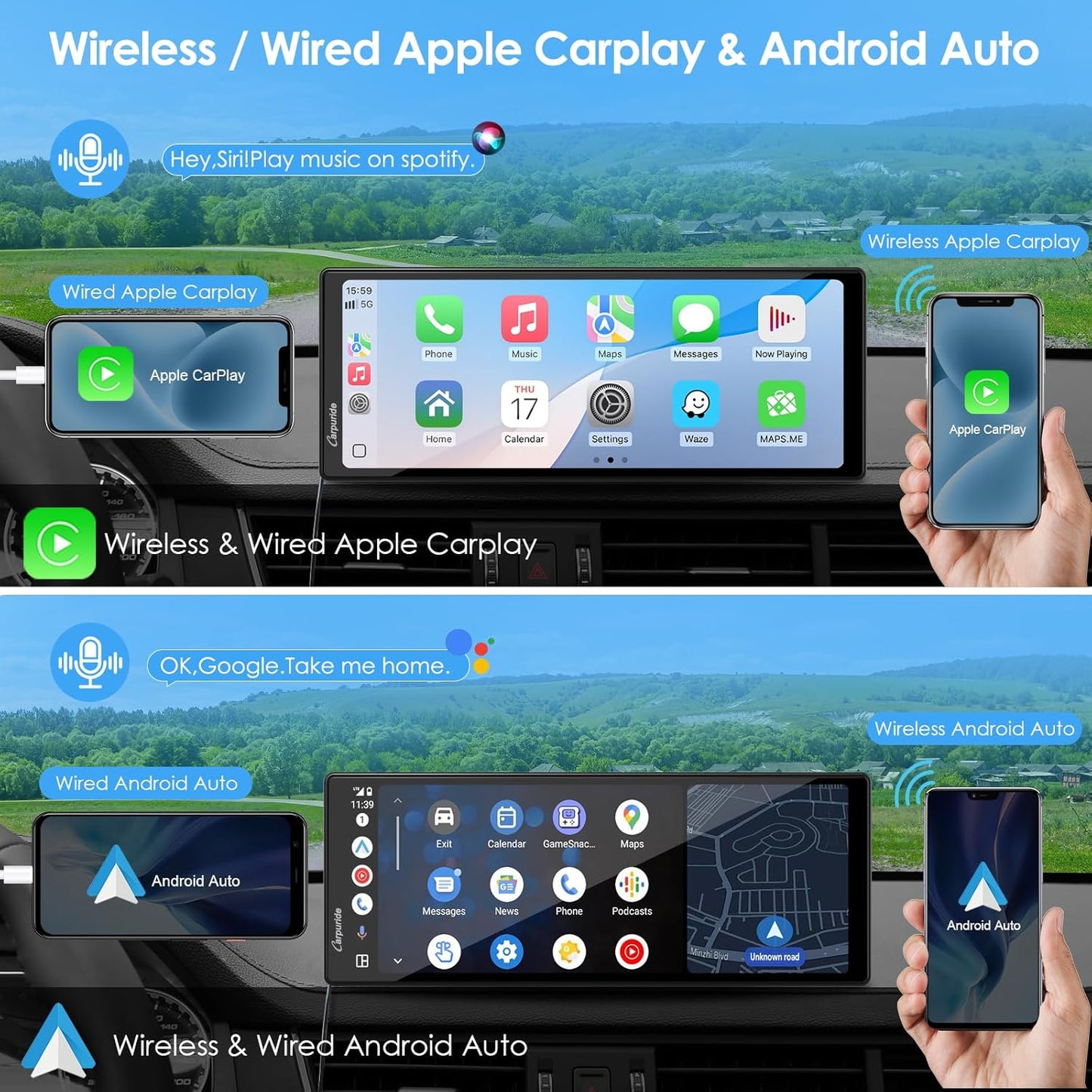 CARPURIDE 10.26" Wireless/Wired Apple CarPlay Android Auto Mirror Link NEW