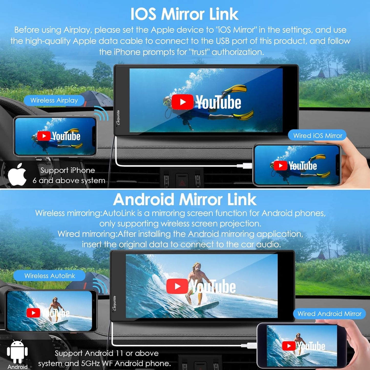CARPURIDE 10.26" Wireless/Wired Apple CarPlay Android Auto Mirror Link NEW