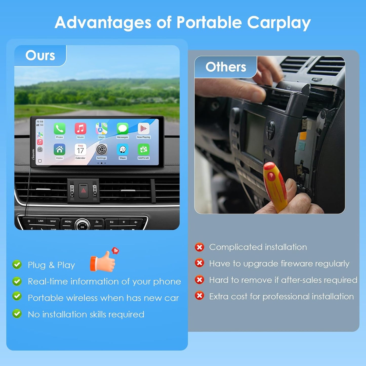 CARPURIDE 10.26" Wireless/Wired Apple CarPlay Android Auto Mirror Link NEW