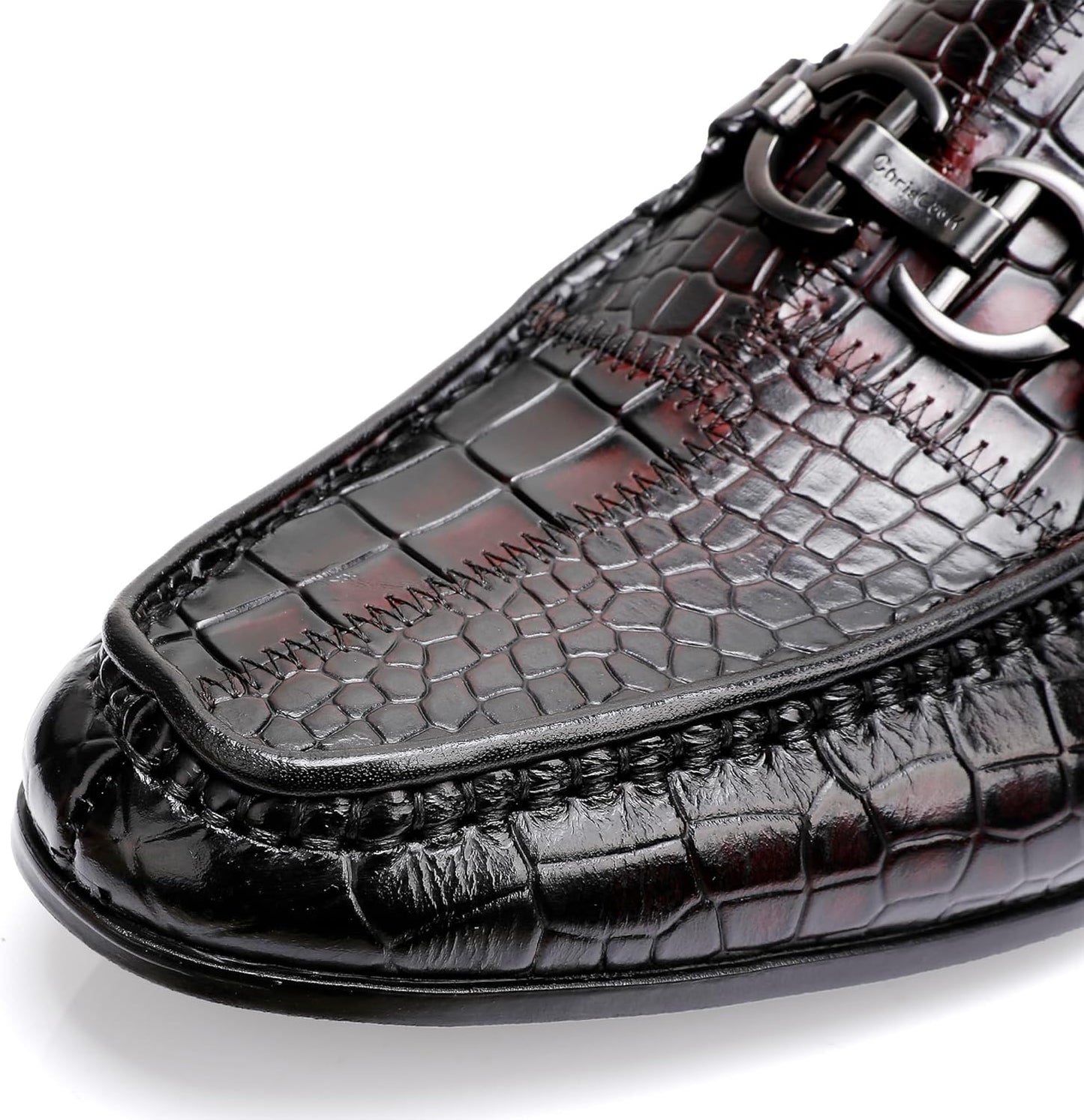 ChrisLOOK Leather Slip-On Loafer Flats Brogue Dress Shoes Black & Red Size NEW