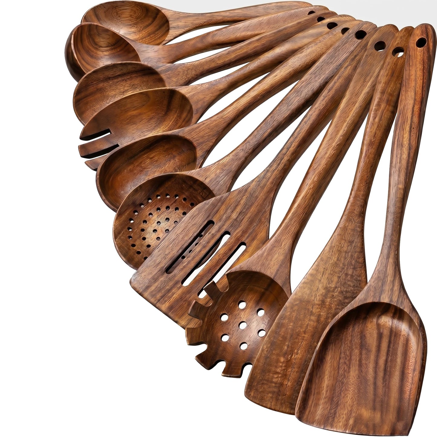 Teak Wood Spatulas and Cooking Utensils Set of 10 Natural Brown Kitchen NEW