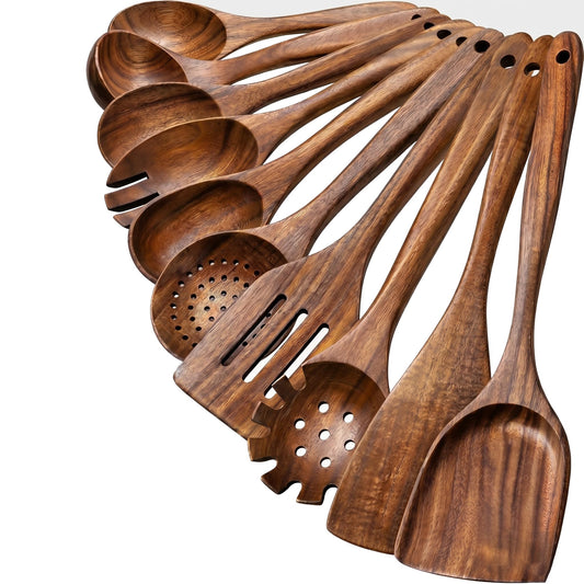 Teak Wood Spatulas and Cooking Utensils Set of 10 Natural Brown Kitchen NEW