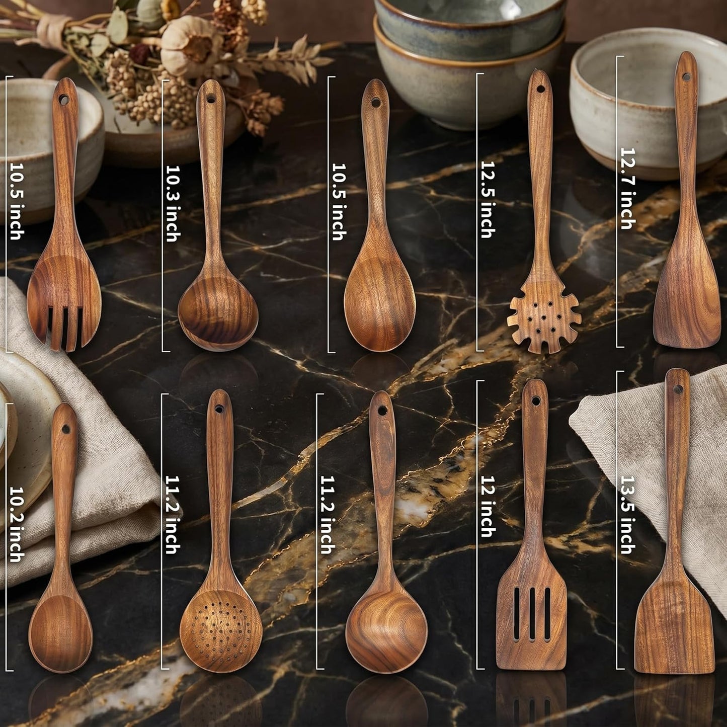 Teak Wood Spatulas and Cooking Utensils Set of 10 Natural Brown Kitchen NEW