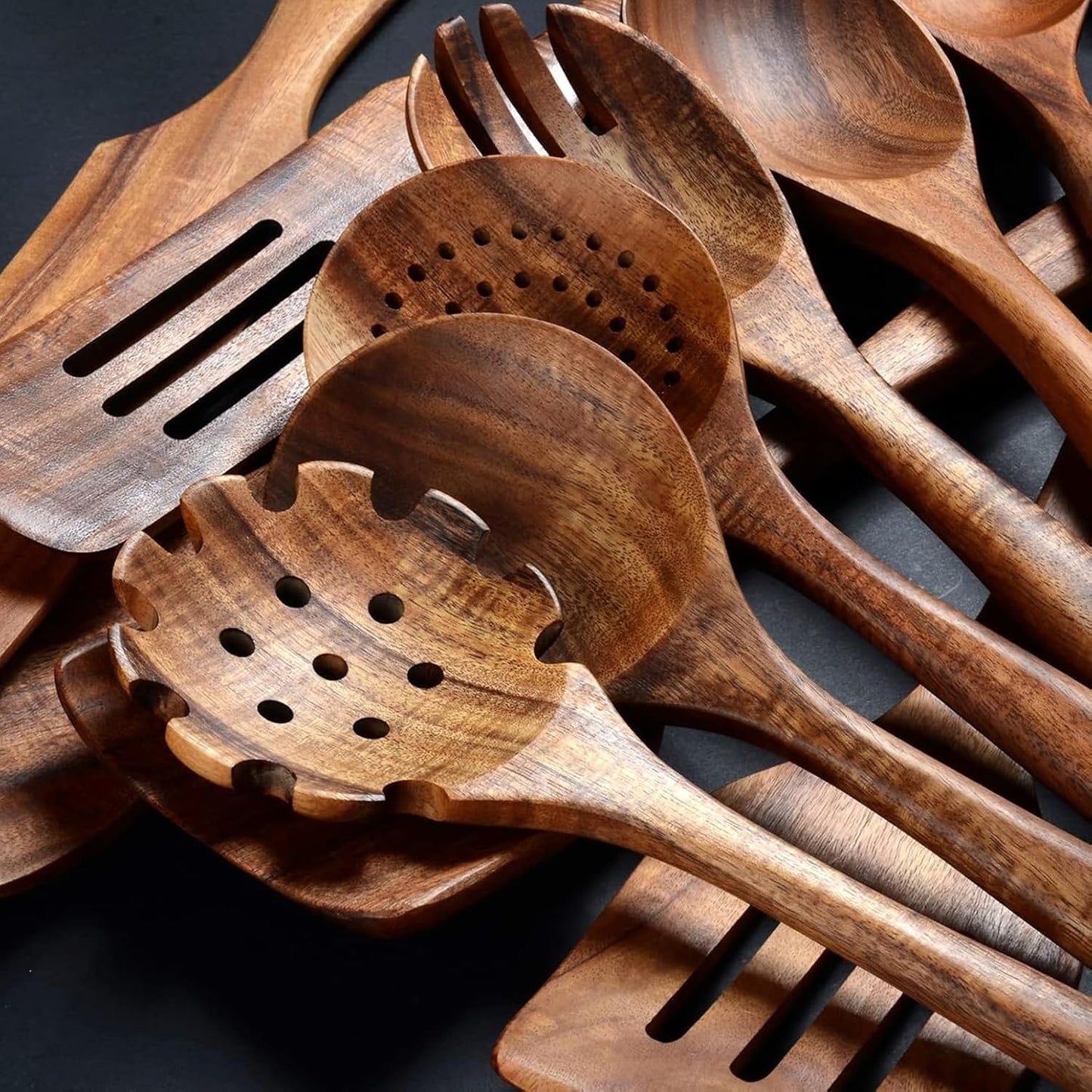 Teak Wood Spatulas and Cooking Utensils Set of 10 Natural Brown Kitchen NEW