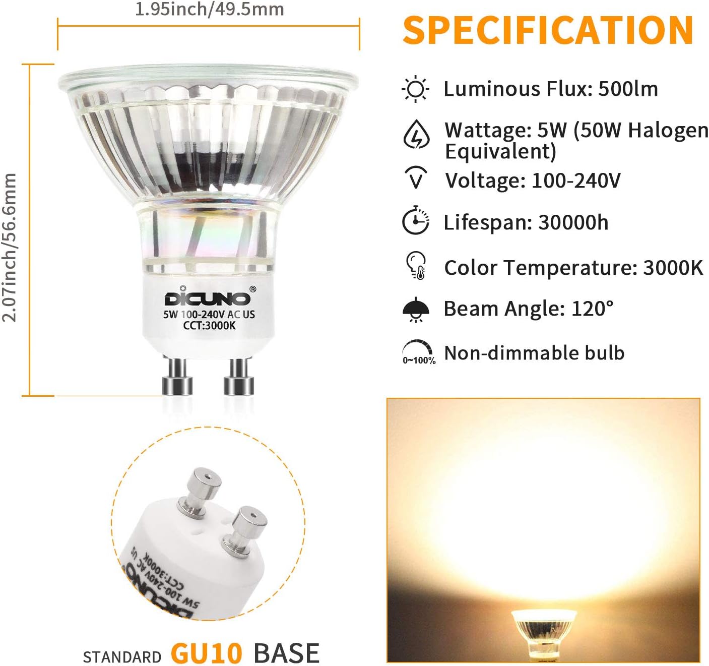 DiCUNO 5W LED Bulbs GU10 LED Spotlight Bulb, 500 Lumens, Warm White 3000K, DEMO