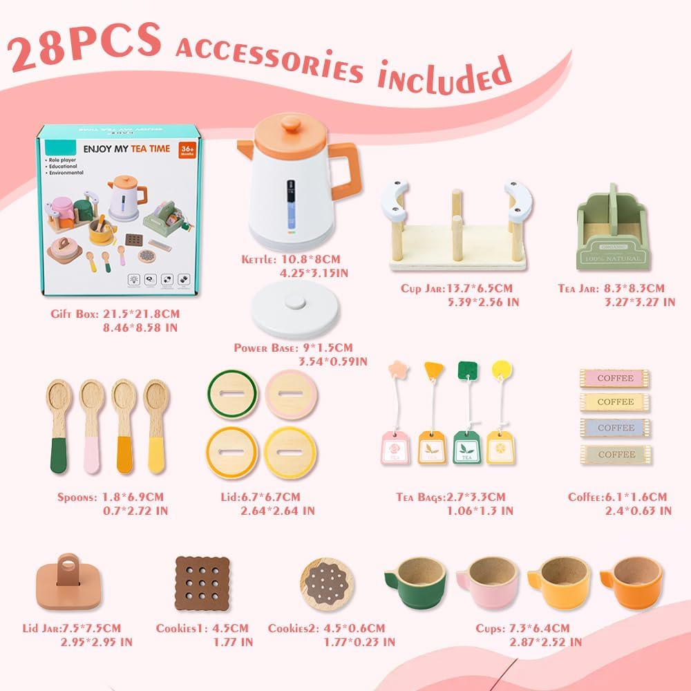 KABI Wooden Tea Party Set for Kids Pretend Play Pastel Shades Size 36+ NEW
