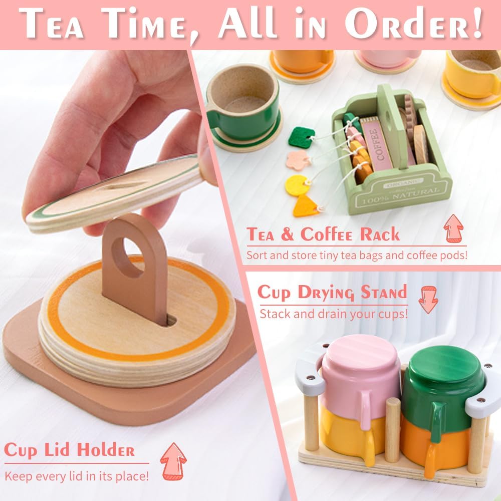 KABI Wooden Tea Party Set for Kids Pretend Play Pastel Shades Size 36+ NEW