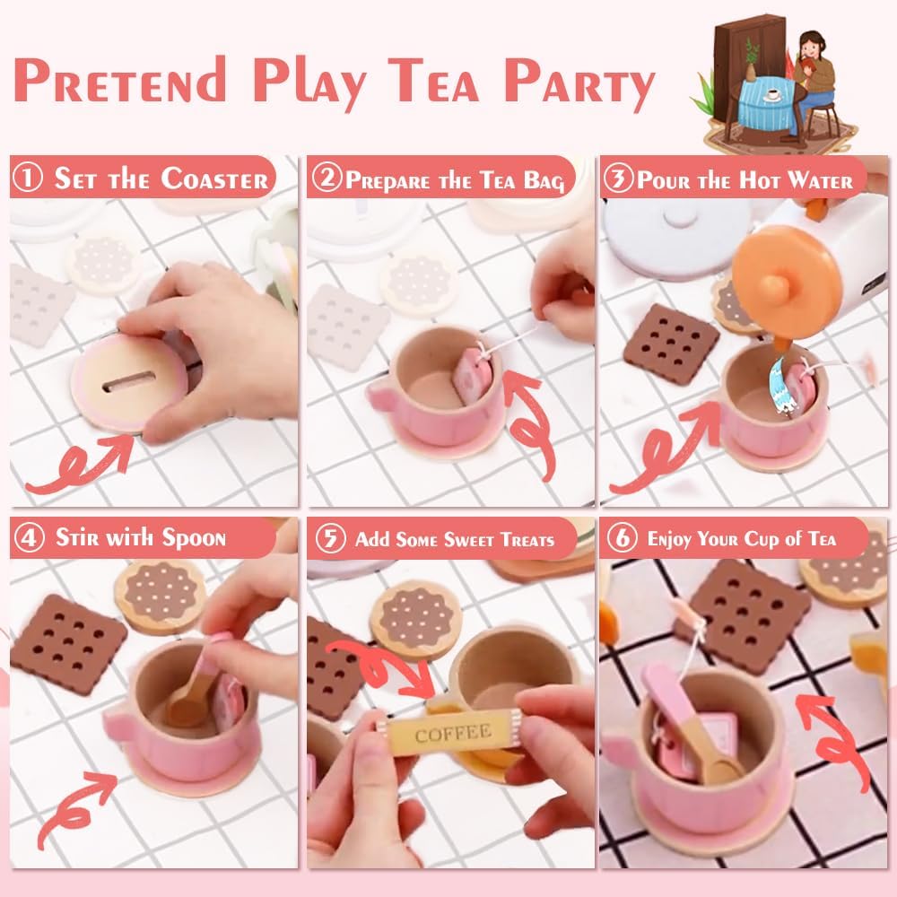 KABI Wooden Tea Party Set for Kids Pretend Play Pastel Shades Size 36+ NEW