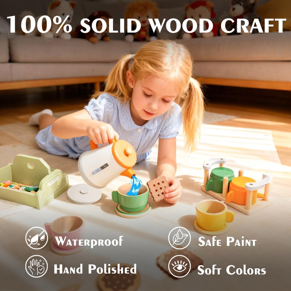 KABI Wooden Tea Party Set for Kids Pretend Play Pastel Shades Size 36+ NEW