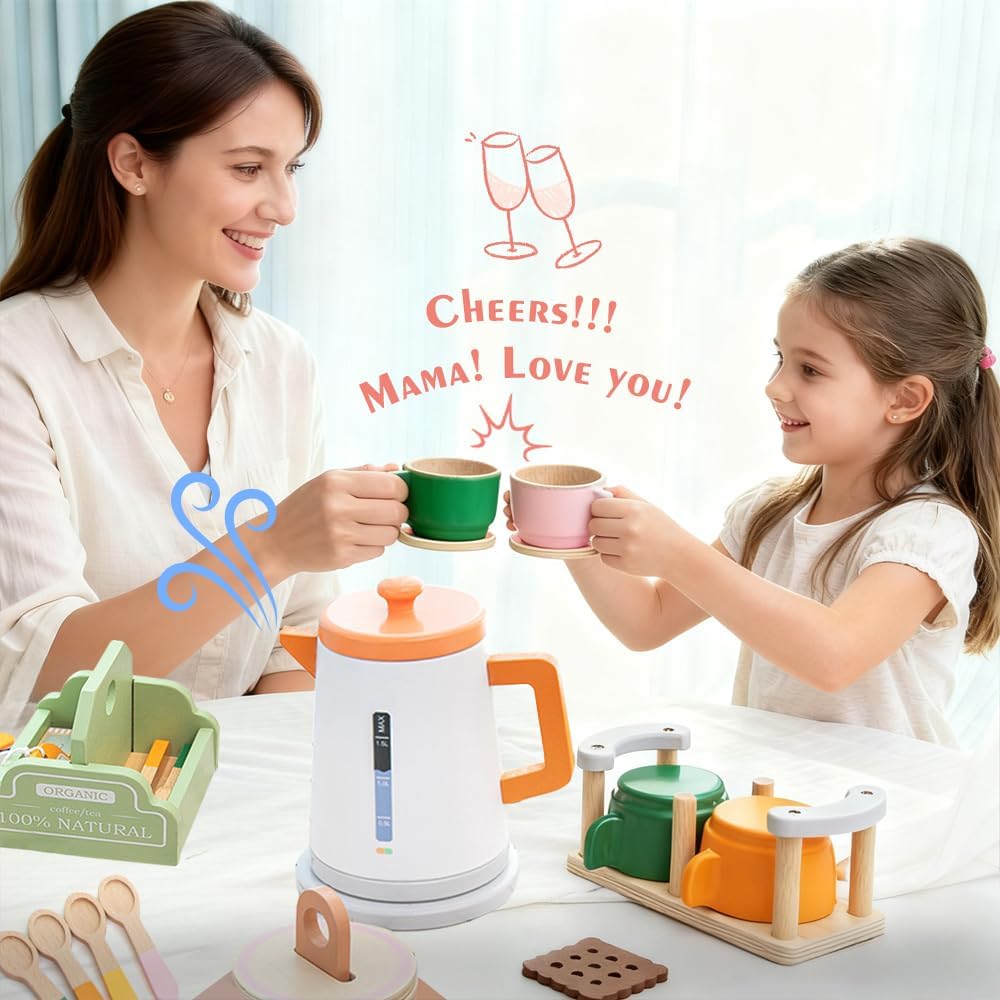 KABI Wooden Tea Party Set for Kids Pretend Play Pastel Shades Size 36+ NEW