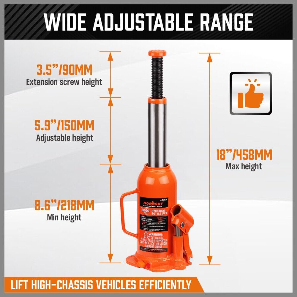 HORUSDY 8 Ton Hydraulic Bottle Jack, Welded Steel Construction, Orange Lift DEMO