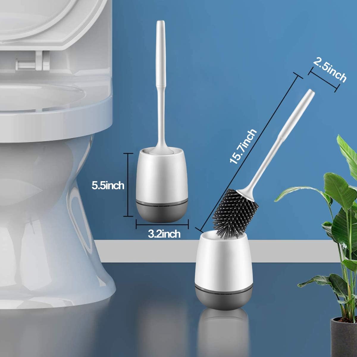 Grey Silicone Toilet Brush with Holder 2-Pack for Bathroom Cleaning NEW