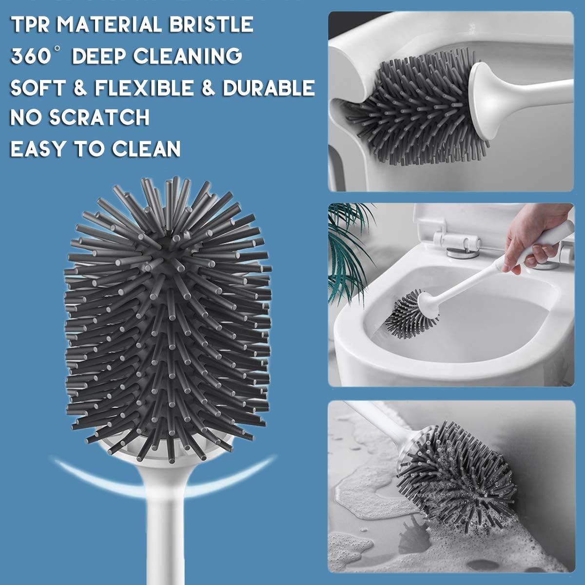 Grey Silicone Toilet Brush with Holder 2-Pack for Bathroom Cleaning NEW