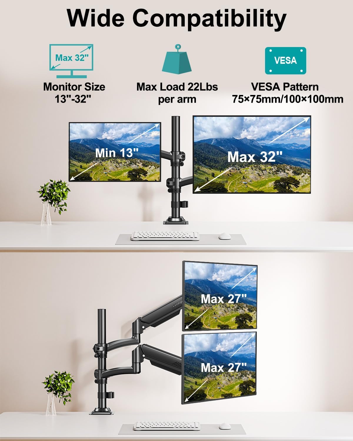MOUNT PRO Dual Monitor Stand for Desk Taller Arms up to 32 Inch Screens NEW