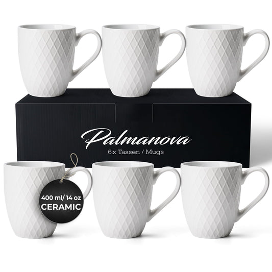 MIAMIO 6-Pack Ceramic Coffee Mugs, 400 ml, White Matte Finish, Modern NEW