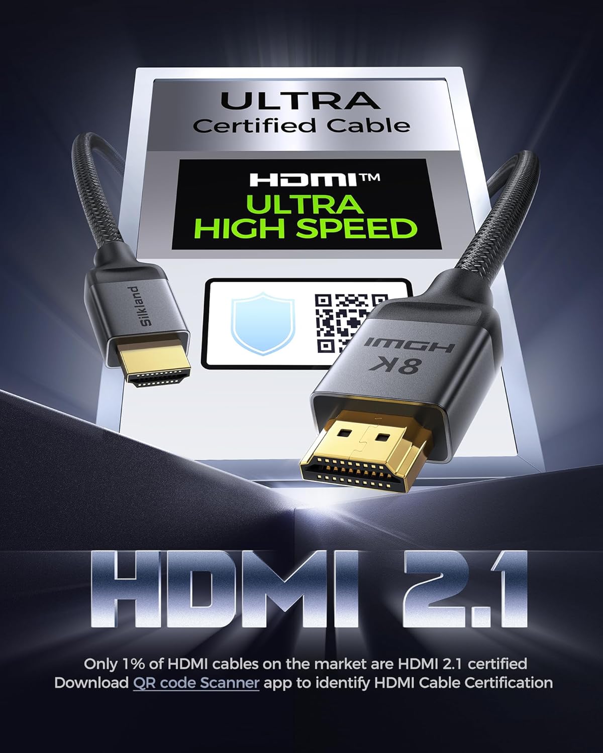 Silkland HDMI 2.1 Cable 4K@240Hz 8K@60Hz Ultra High Speed Certified Grey NEW