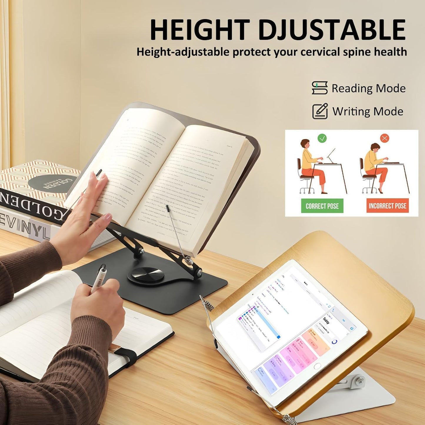 Adjustable Desktop Book Stand 360° Swivel Foldable Reading Brown & White NEW