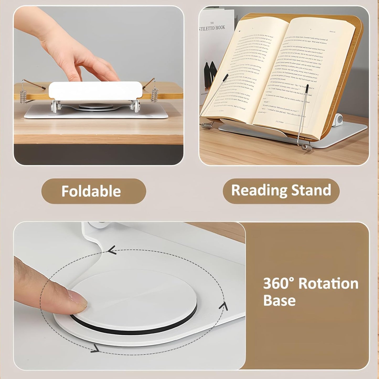 Adjustable Desktop Book Stand 360° Swivel Foldable Reading Brown & White NEW