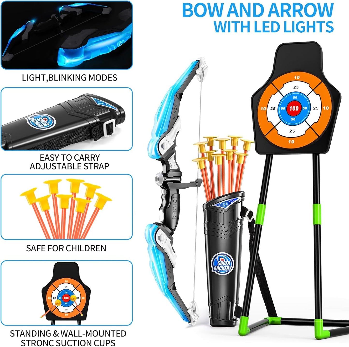 TEMI Bow Toy Weapons and Arrow Set for Kids with LED Lights Archery Toy NEW