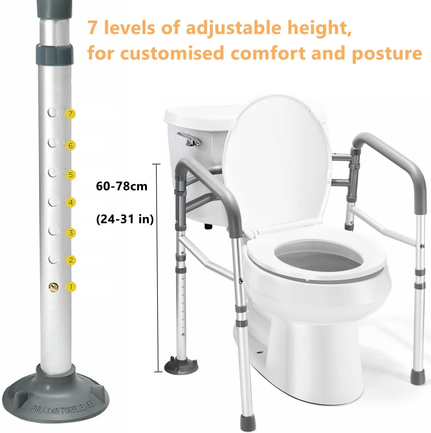 Standalone Toilet Safety Rails with Grab Bars & Handles, Silver NEW