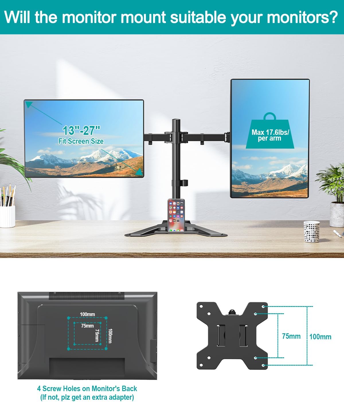 Mount Pro Dual Monitor Desk Stand Full Motion Adjustable Aluminum Alloy NEW