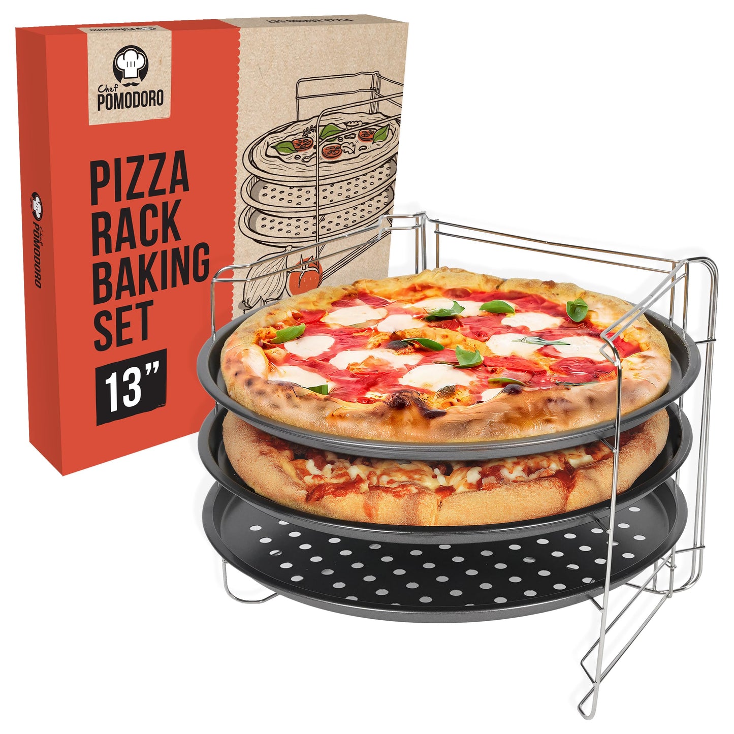 Chef Pomodoro 13 Inch Pizza Pans Set with Rack Non-Stick Stainless Steel NEW