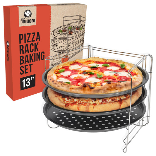 Chef Pomodoro 13 Inch Pizza Pans Set with Rack Non-Stick Stainless Steel NEW