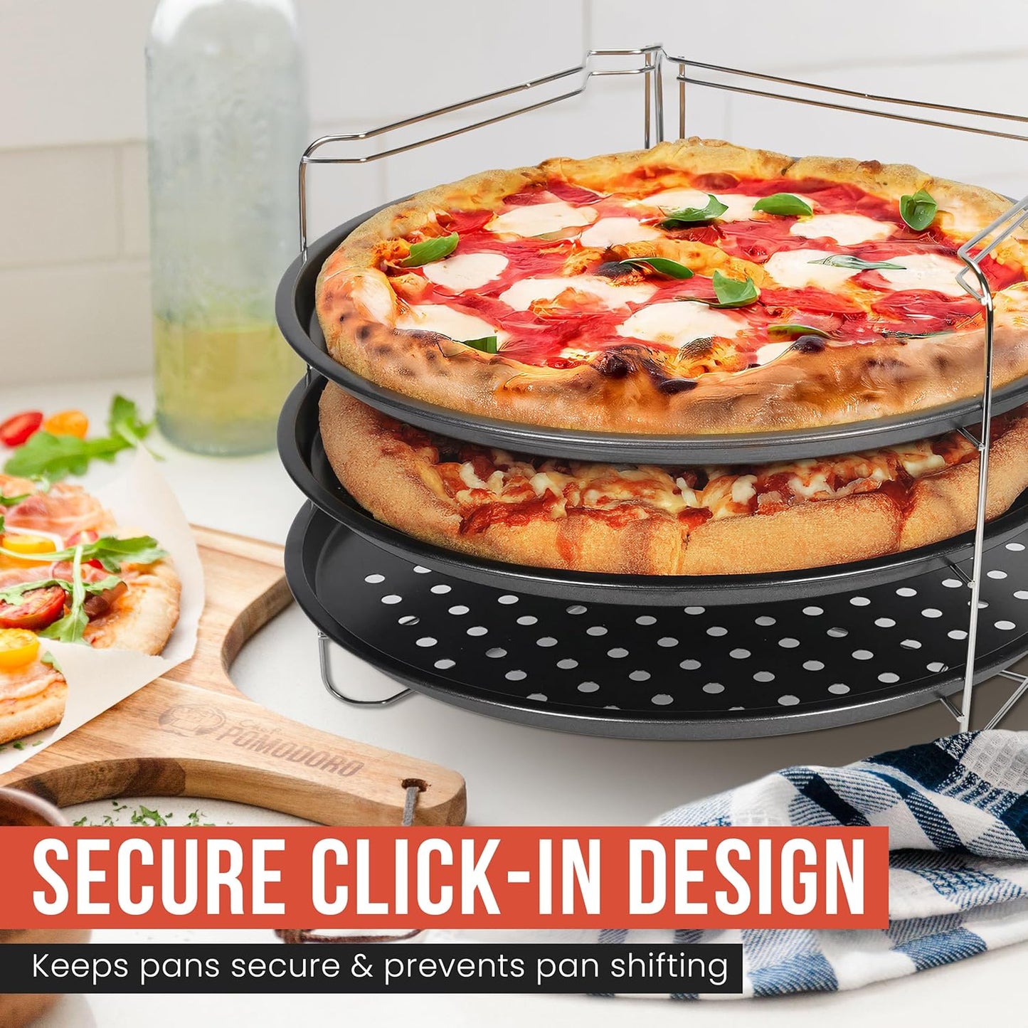 Chef Pomodoro 13 Inch Pizza Pans Set with Rack Non-Stick Stainless Steel NEW