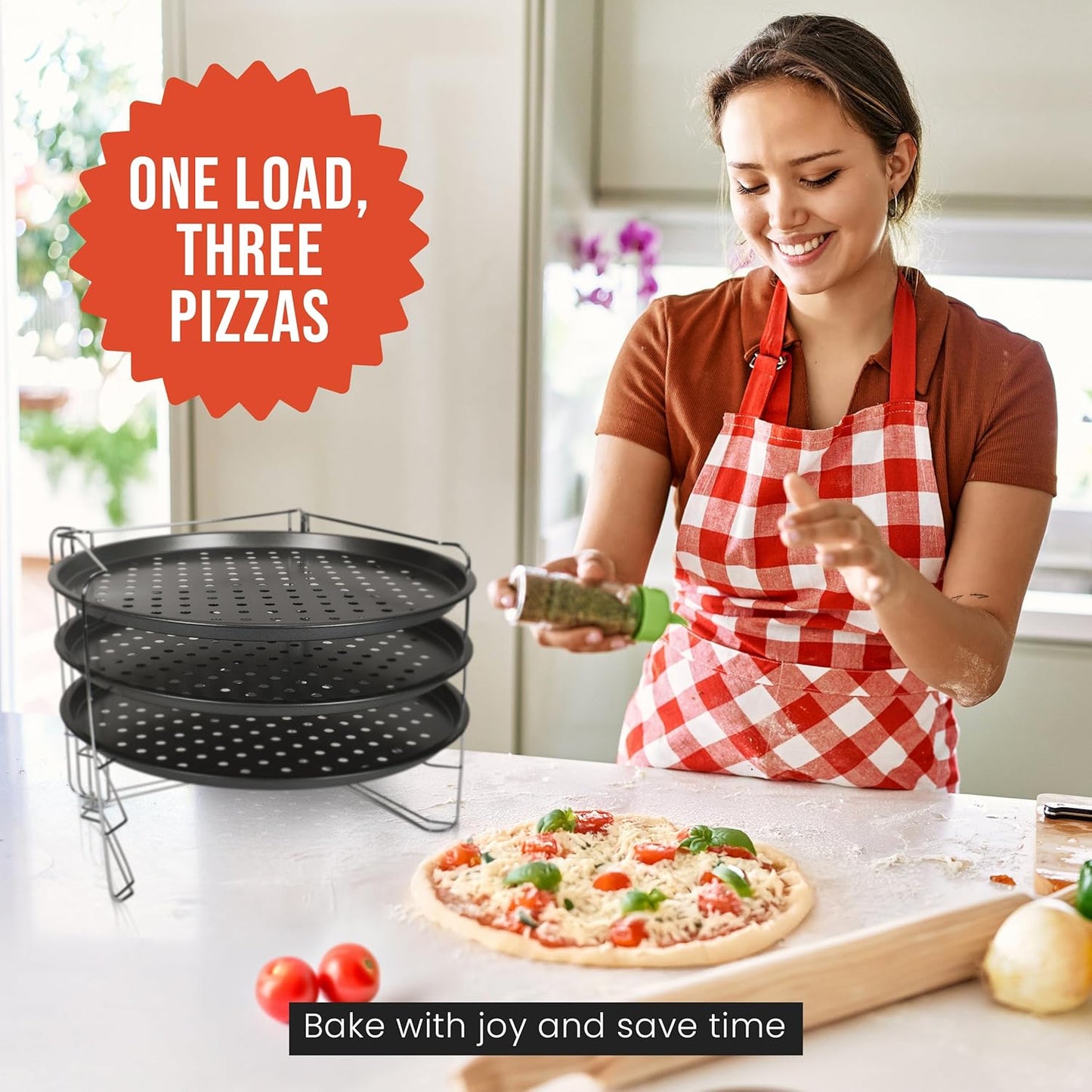 Chef Pomodoro 13 Inch Pizza Pans Set with Rack Non-Stick Stainless Steel NEW
