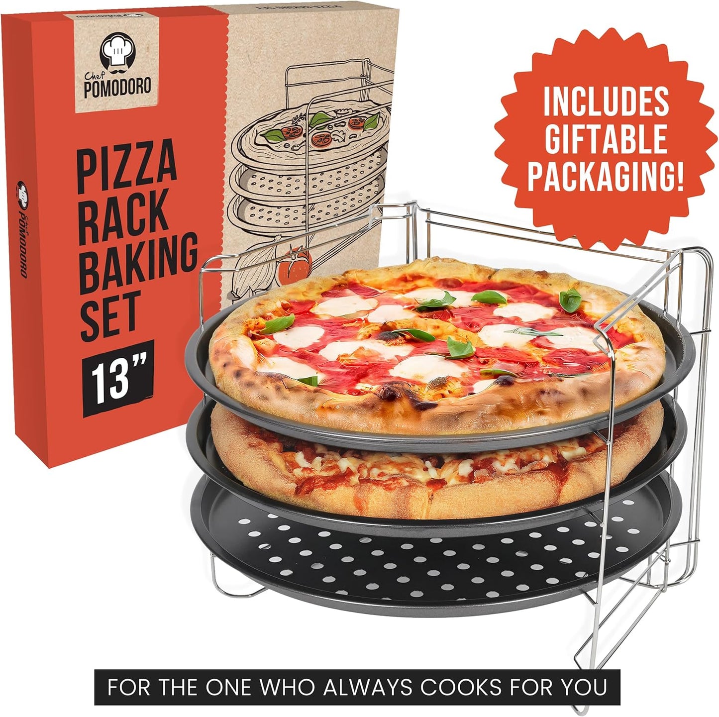 Chef Pomodoro 13 Inch Pizza Pans Set with Rack Non-Stick Stainless Steel NEW